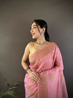 Thumbnail for Joban Fashion Pastel Pink Floral & Paisley  Linen Silk Banarasi Saree - Distacart