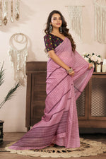 Thumbnail for Joban Fashion Coral Pink Paisley & Geomatric Linen Ready To Wear Saree With Unstitched Blouse - Distacart
