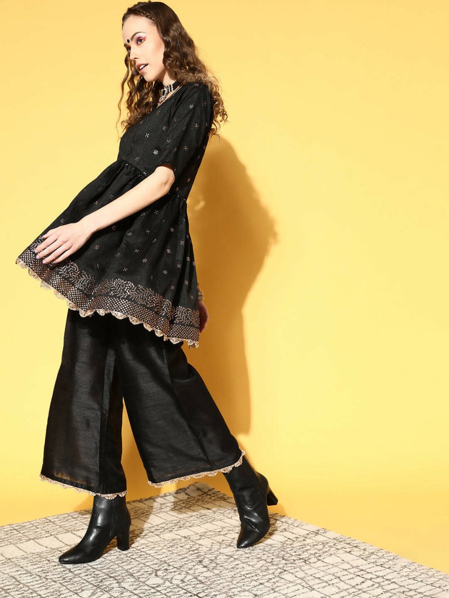 Ahalyaa Women Black Colour Poly Silk Copper Printed Top Palazzo Set - Distacart