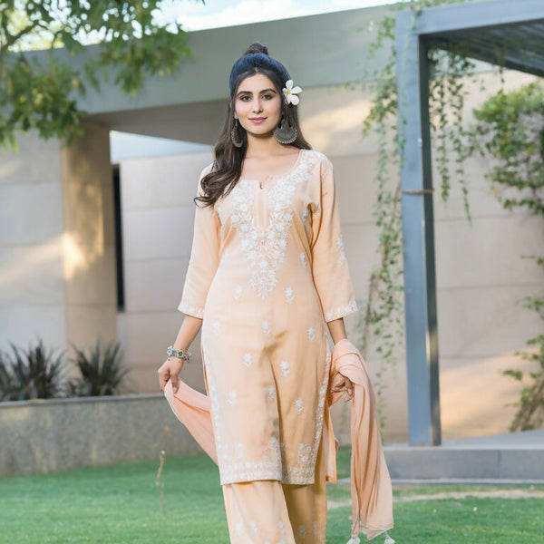 BulBul Meher Rayon Peach Kurta Set with Dupatta