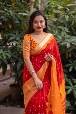 Thumbnail for Red Jute Silk Ethnic Motifs Saree with Unstitched Blouse - Hiral Fashion - Distacart