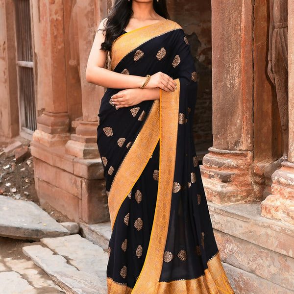 Joban Fashion Black Crepe Chiffon Pure Handloom Banarasi Silk Saree