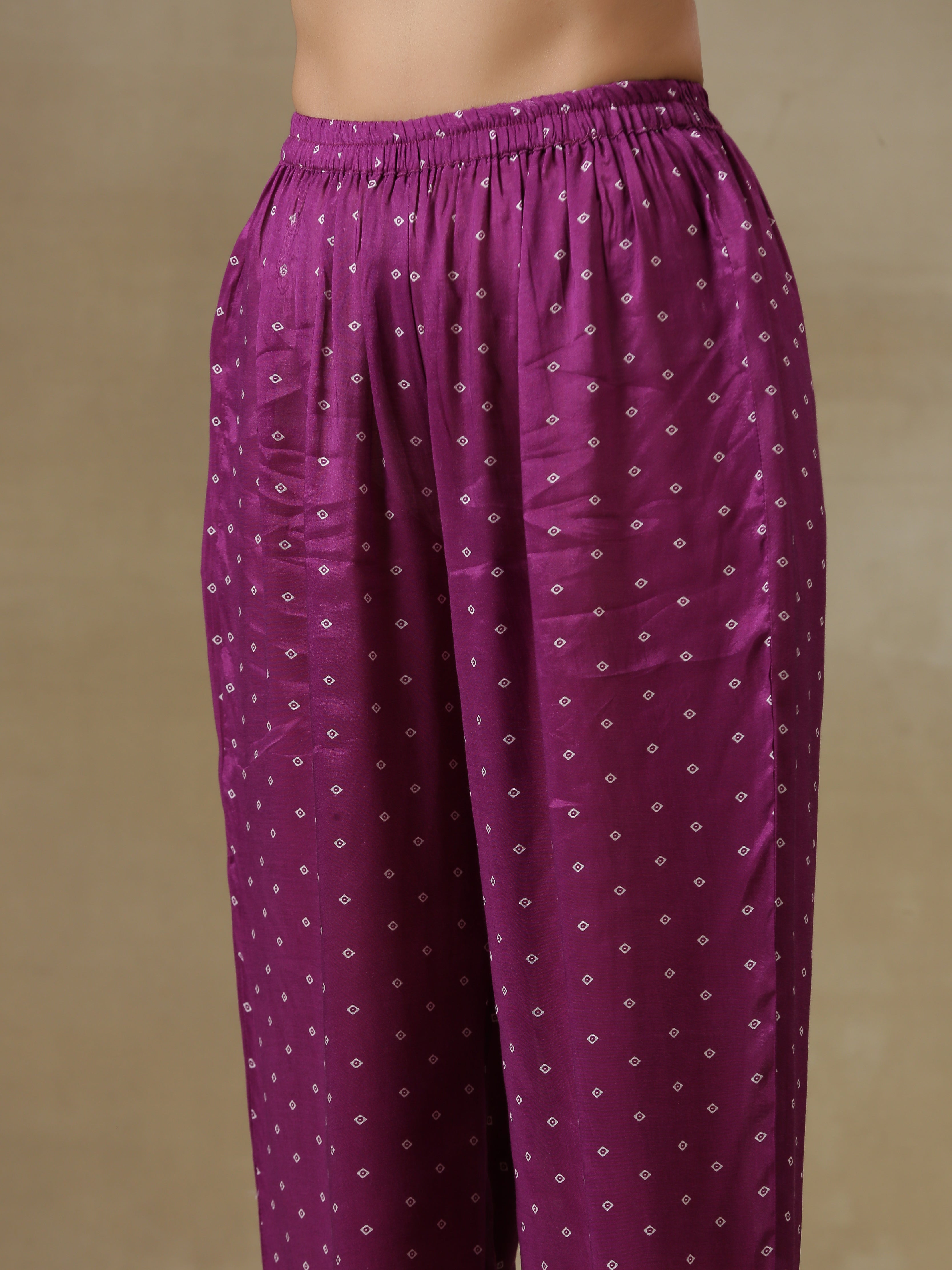 trueBrowns Purple Bandhani Printed Silk Drop Shoulder Kurta Pant Set - Distacart