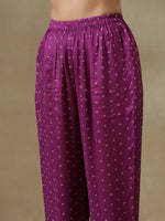 Thumbnail for trueBrowns Purple Bandhani Printed Silk Drop Shoulder Kurta Pant Set - Distacart