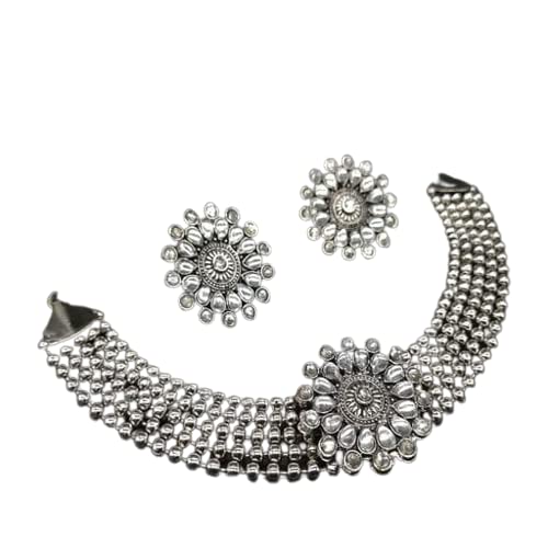 Tehzeeb Creations Women's Silver Colour Oxidised Necklace And Earrings With Kundan - Distacart