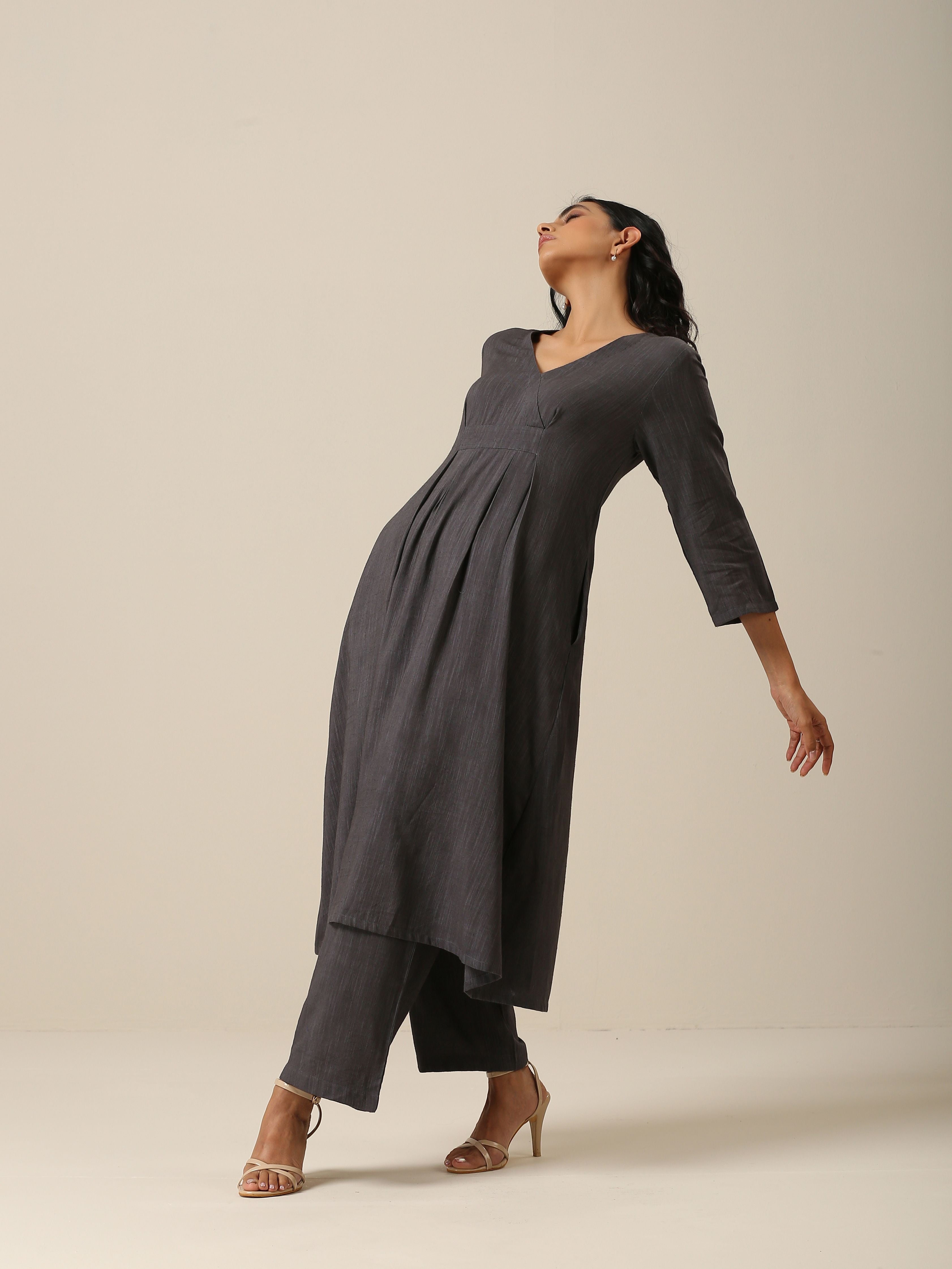 trueBrowns Slate Grey Slub Texture Overlap Pleat Kurta Pant Set | Relove