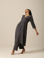 Thumbnail for trueBrowns Slate Grey Slub Texture Overlap Pleat Kurta Pant Set | Relove