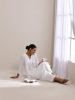 Thumbnail for trueBrowns White Dobby Flared Slit Kurta Pant Set - Distacart