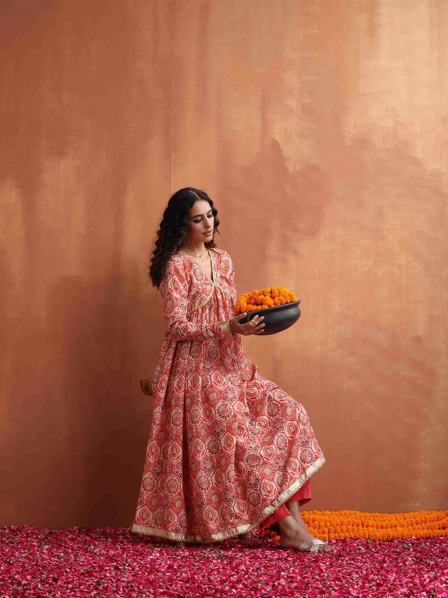 trueBrowns Beige Print Flared Anarkali Kurta Set - Distacart