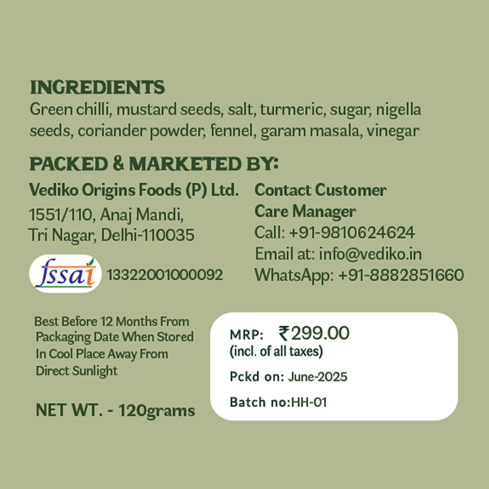 Vediko Origins Green Chilly Pickle - Distacart