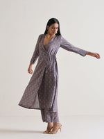 Thumbnail for trueBrowns Plum Grey Foil Angrakha Kurta Set - Distacart