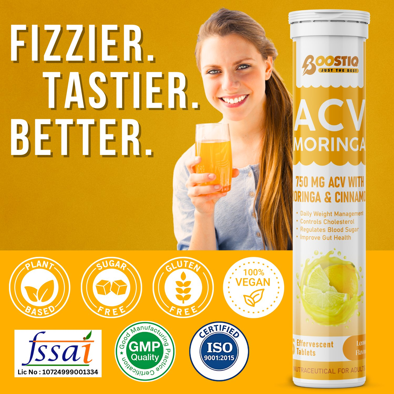 BOOSTIQ ACV Moringa & Cinnamon Effervescent Tablets - Lemon Flavour - Distacart