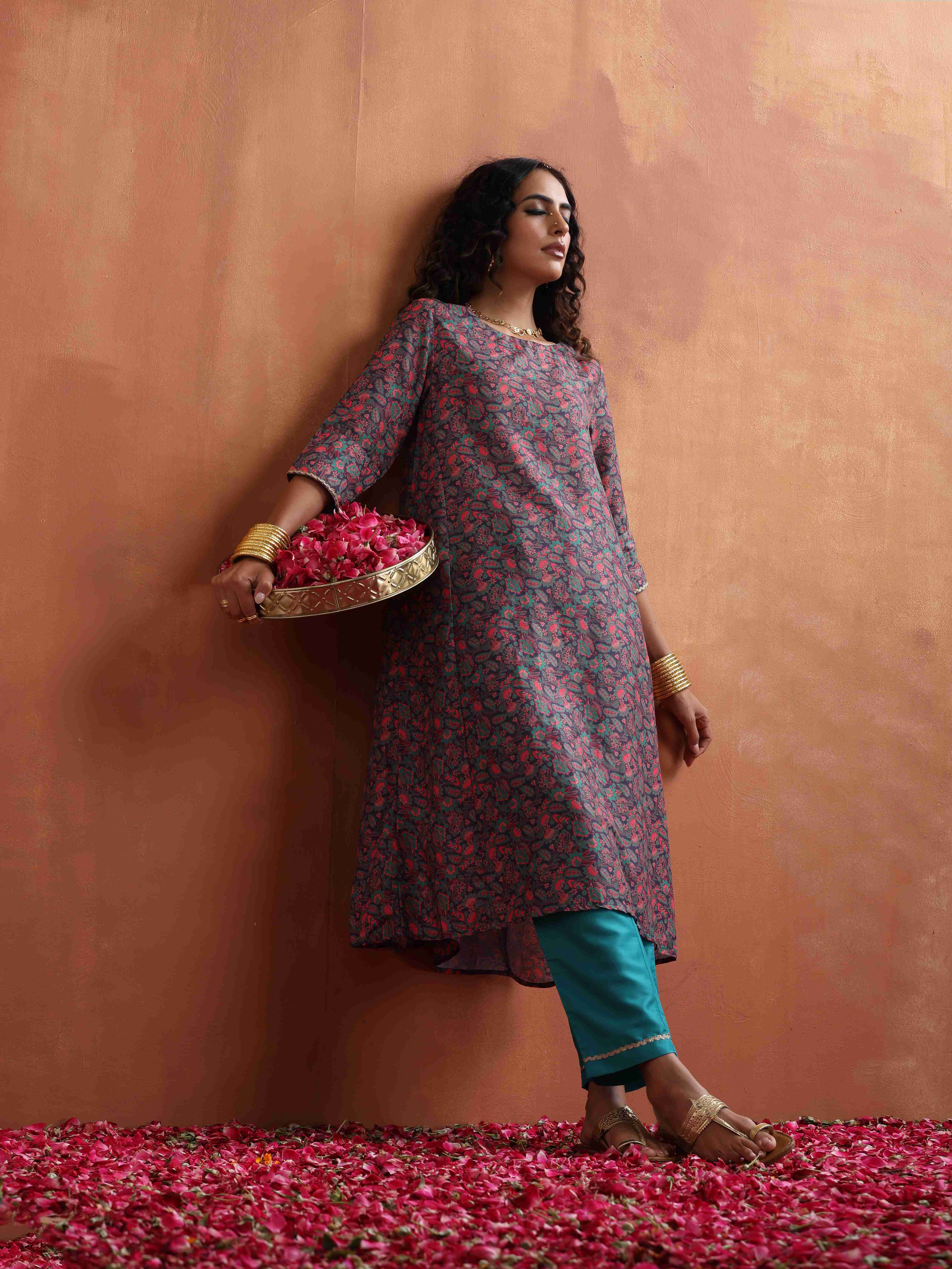 trueBrowns Purple Print A-line Kurta Set - Distacart