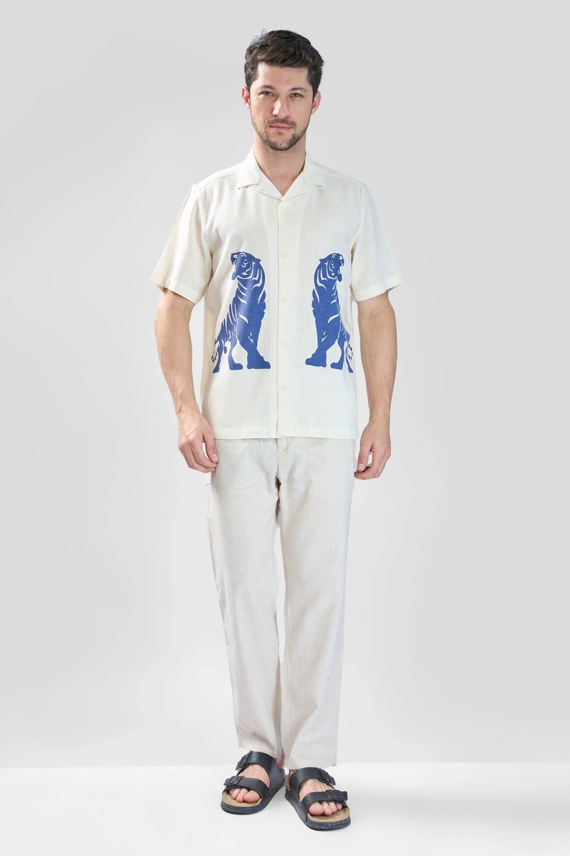 Xkind Tiger Printed Natural Linen Relaxed Fit Shirt