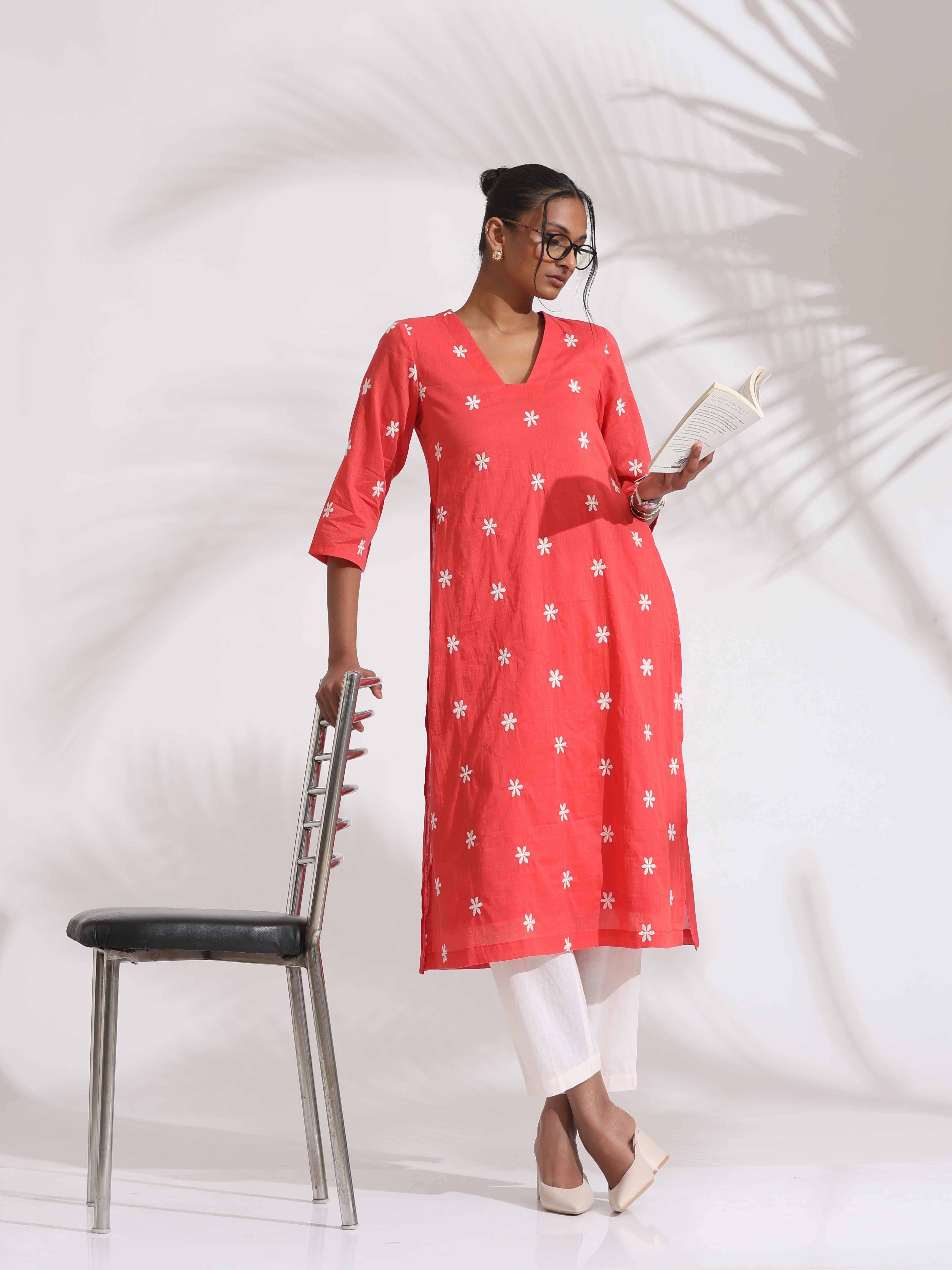 trueBrowns Orange Cotton Floral Embroidered Kurta Set