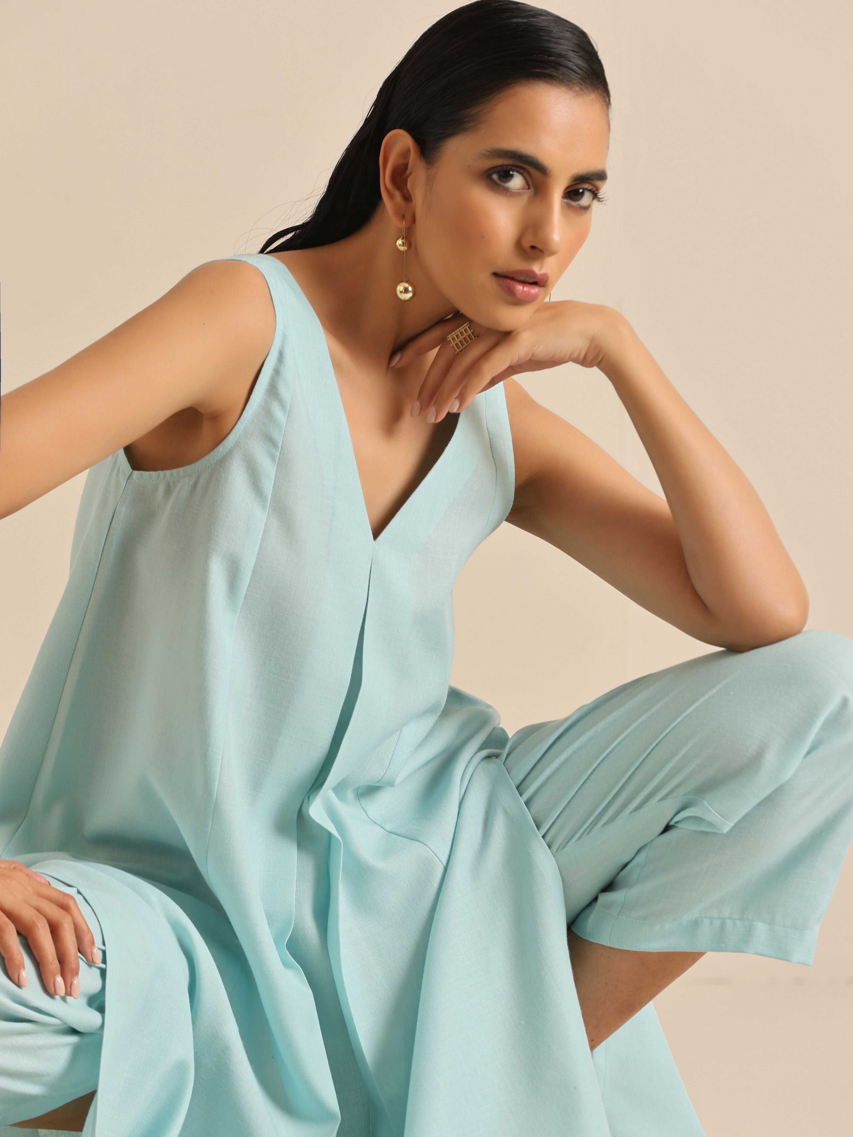 trueBrowns Sky Blue Slub Sleeveless Flared Kurta Pant Set - Distacart