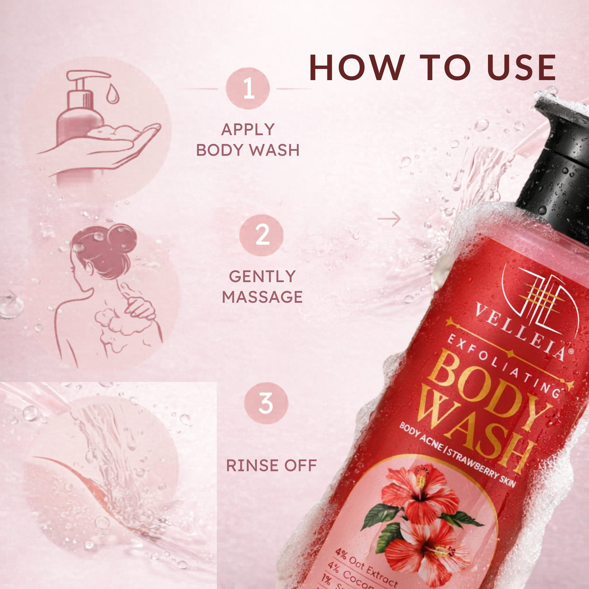 Velleja Exfoliating Body Wash with Salicylic Acid for Body Acne & Rough Bumpy Skin | Reduce Strawberry Legs - Dista