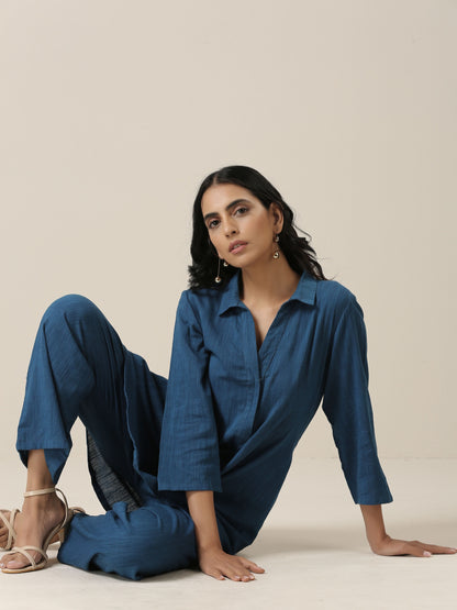 trueBrowns Classic Blue Slub Texture Collar Short Co-Ord Set - Distacart