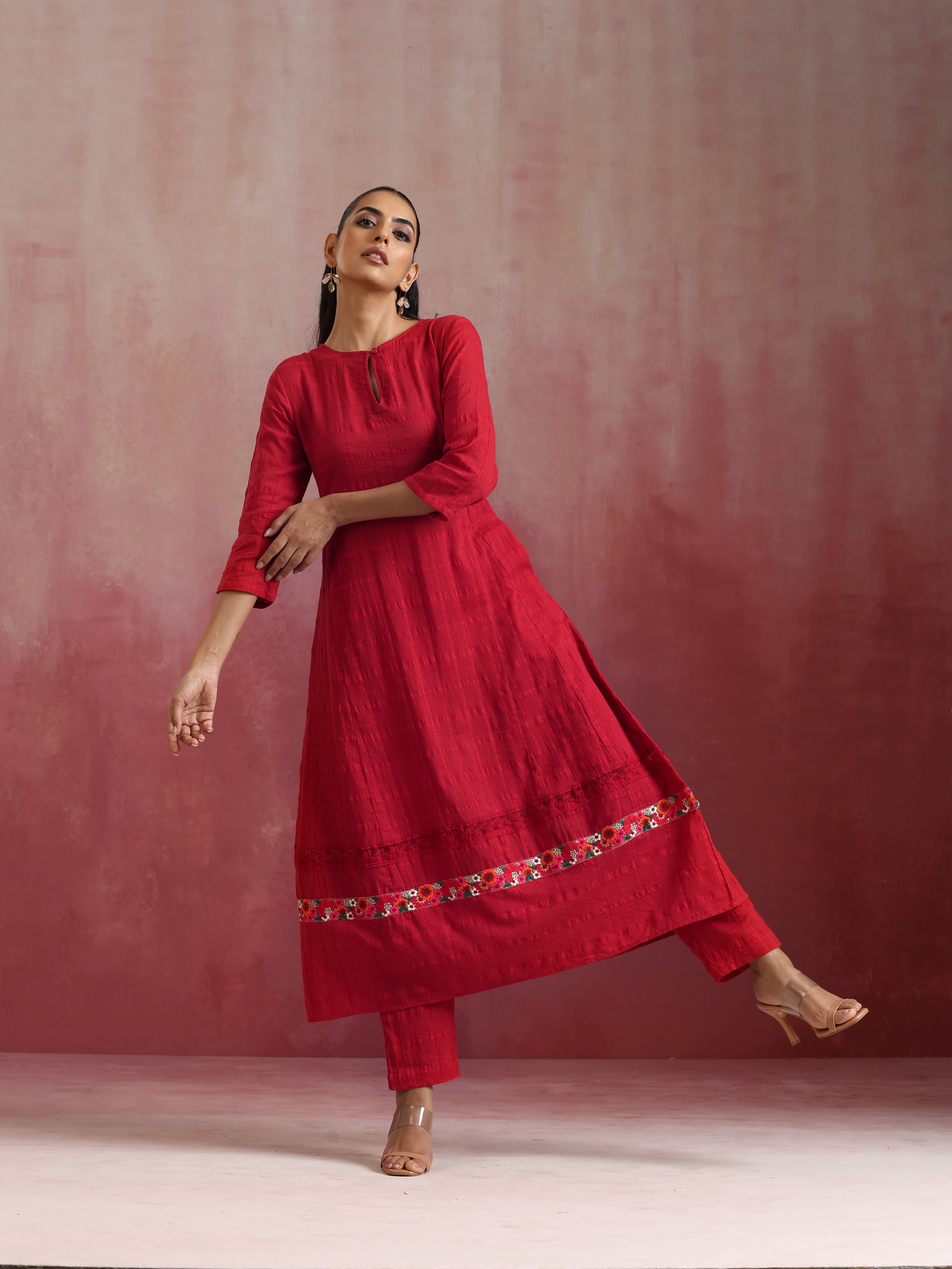 trueBrowns Red Cotton Dobby Flared Kurta Set - Distacart