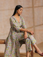 Thumbnail for trueBrowns Grey Overall Floral Block Print Cotton Angrakha Kurta Pant Set - Distacart