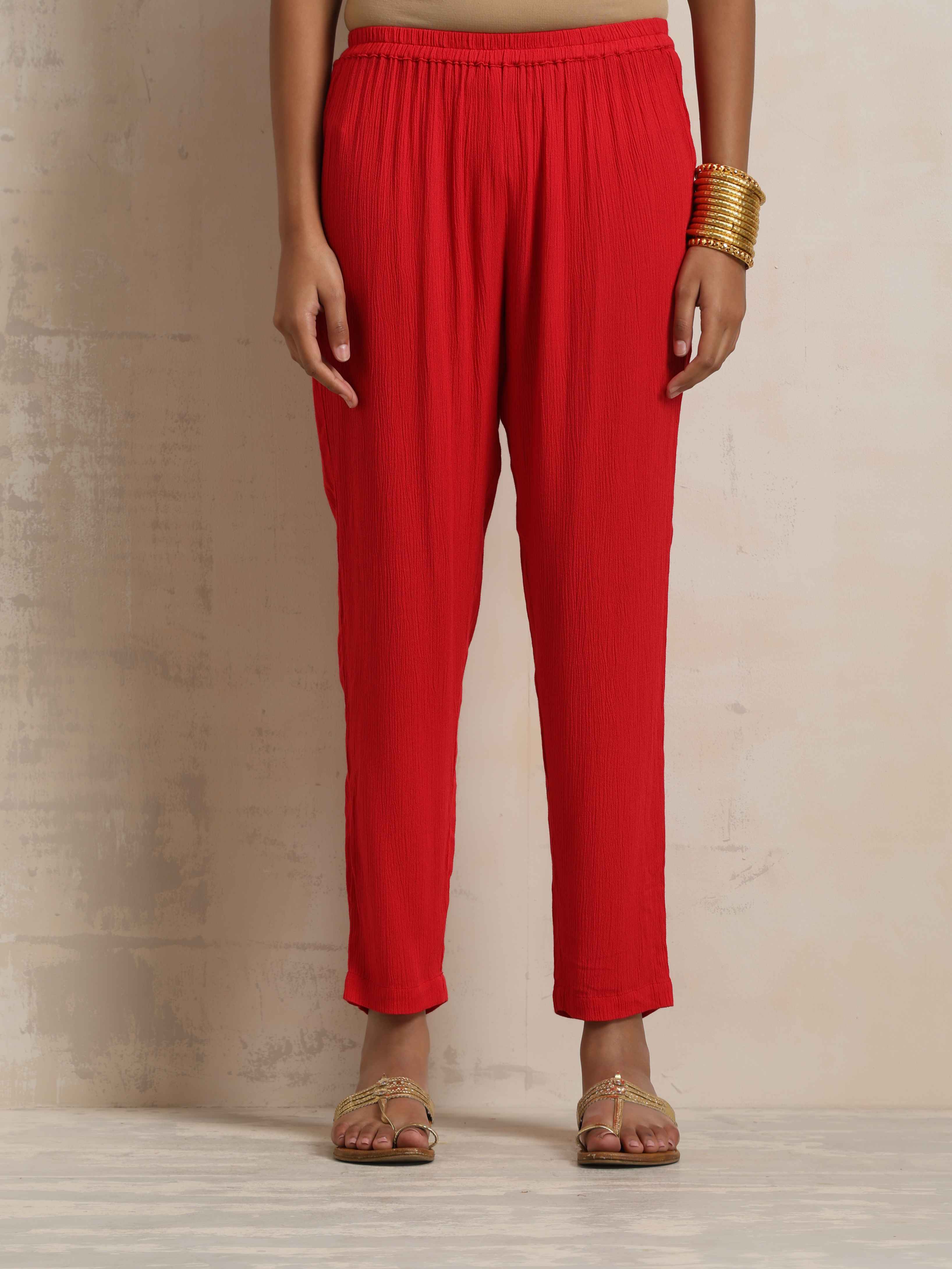 trueBrowns Red Crinkle Anarkali Kurta Pant Dupatta Set - Distacart