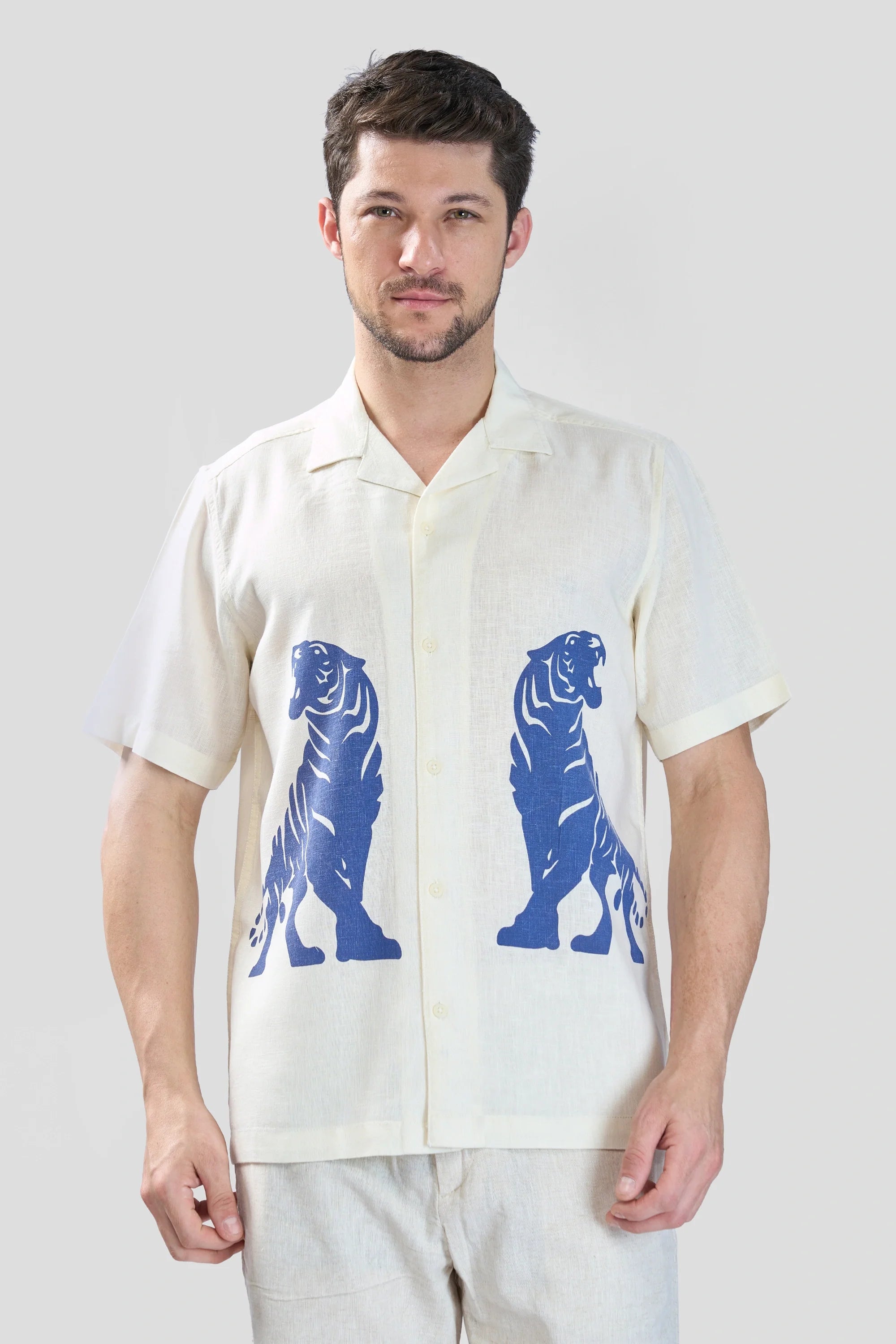 Xkind Tiger Printed Natural Linen Relaxed Fit Shirt