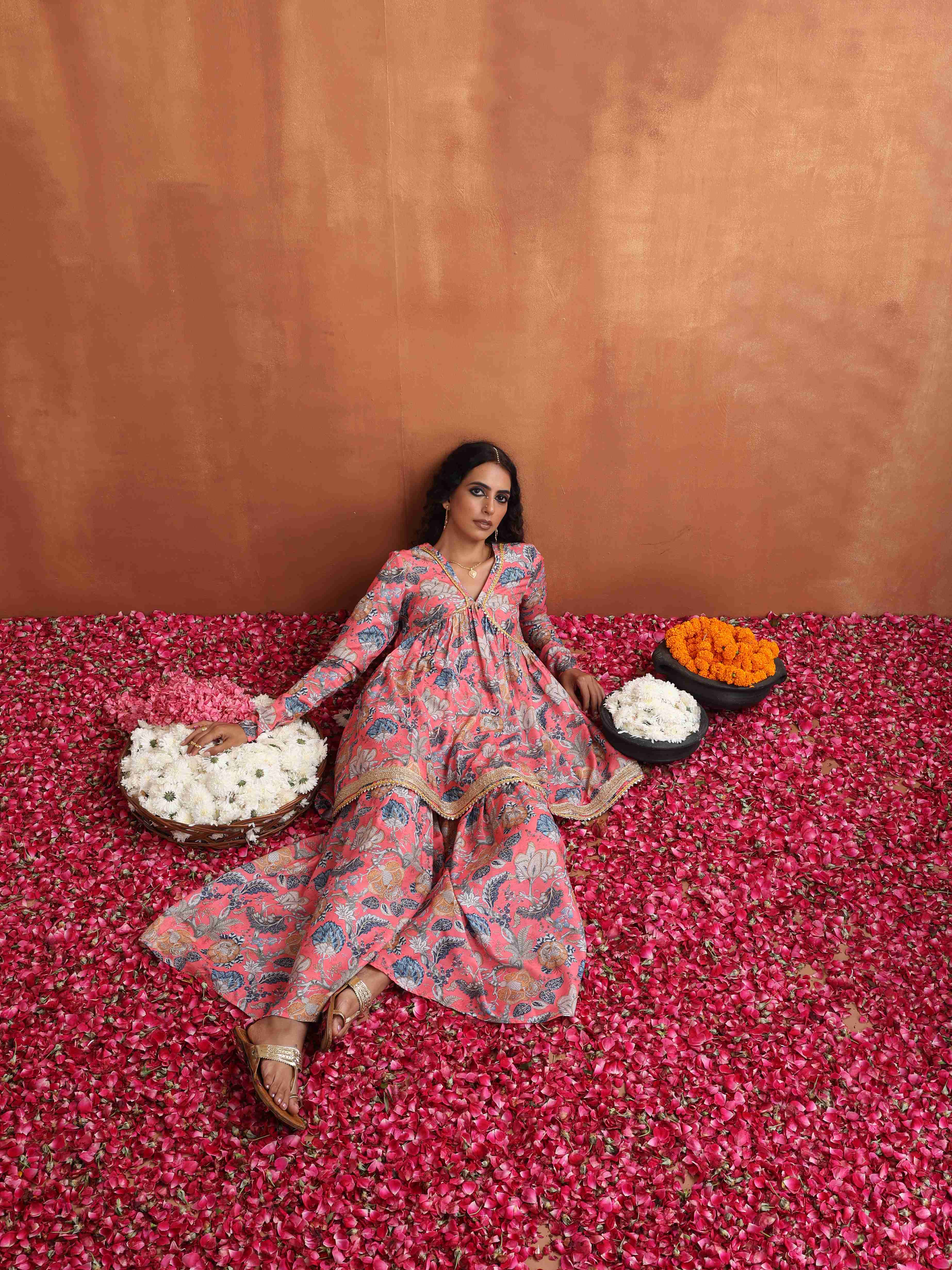 trueBrowns Orange Print Sharara Set - Distacart