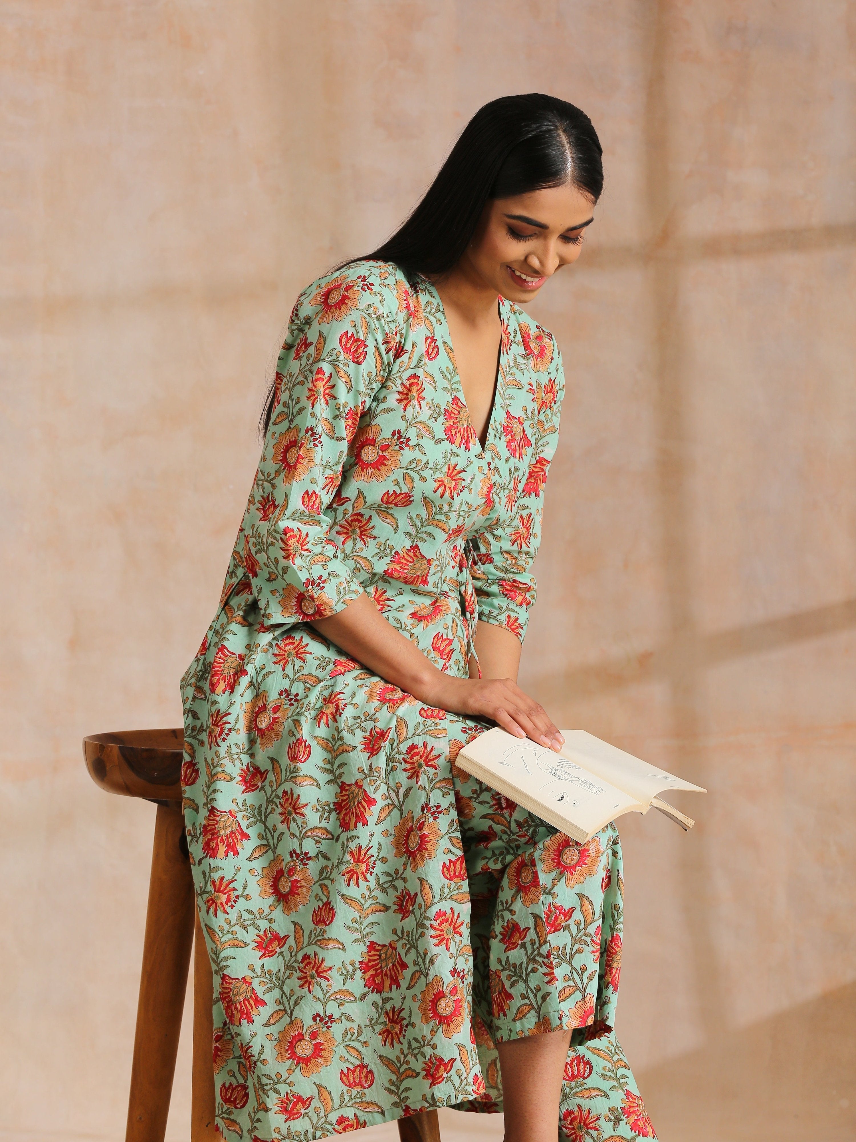 trueBrowns Seafoam Green Overall Floral Block Print Cotton Angrakha Pant Set - Distacart