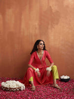 Thumbnail for trueBrowns Hot Pink Tissue Flared Anarkali Kurta Set