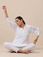Thumbnail for trueBrowns Cotton White Weave Collar Kurta Pant Set | Relove