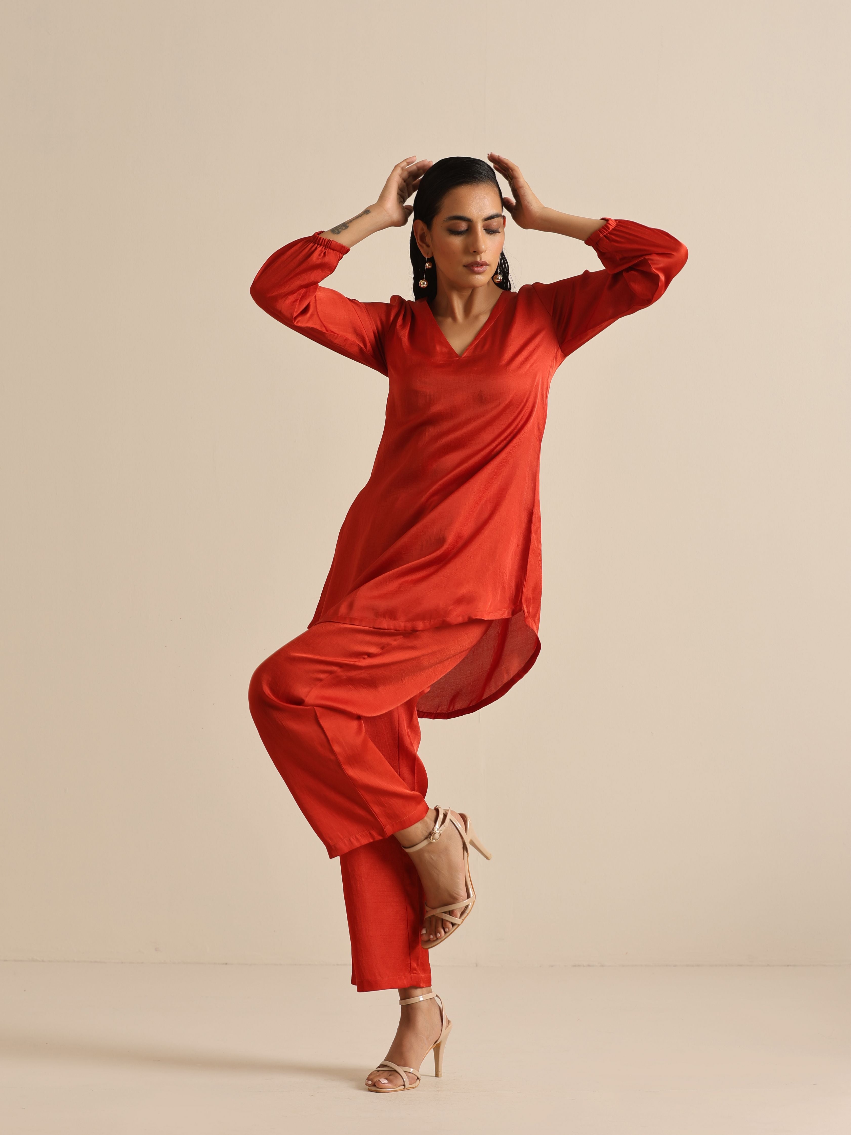 trueBrowns Rust Silk Blend Short Co-Ord Set - Distacart