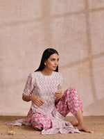 Thumbnail for trueBrowns Pink Green Floral On White Block Print Cotton Slit Kurta Pant Set | Relove