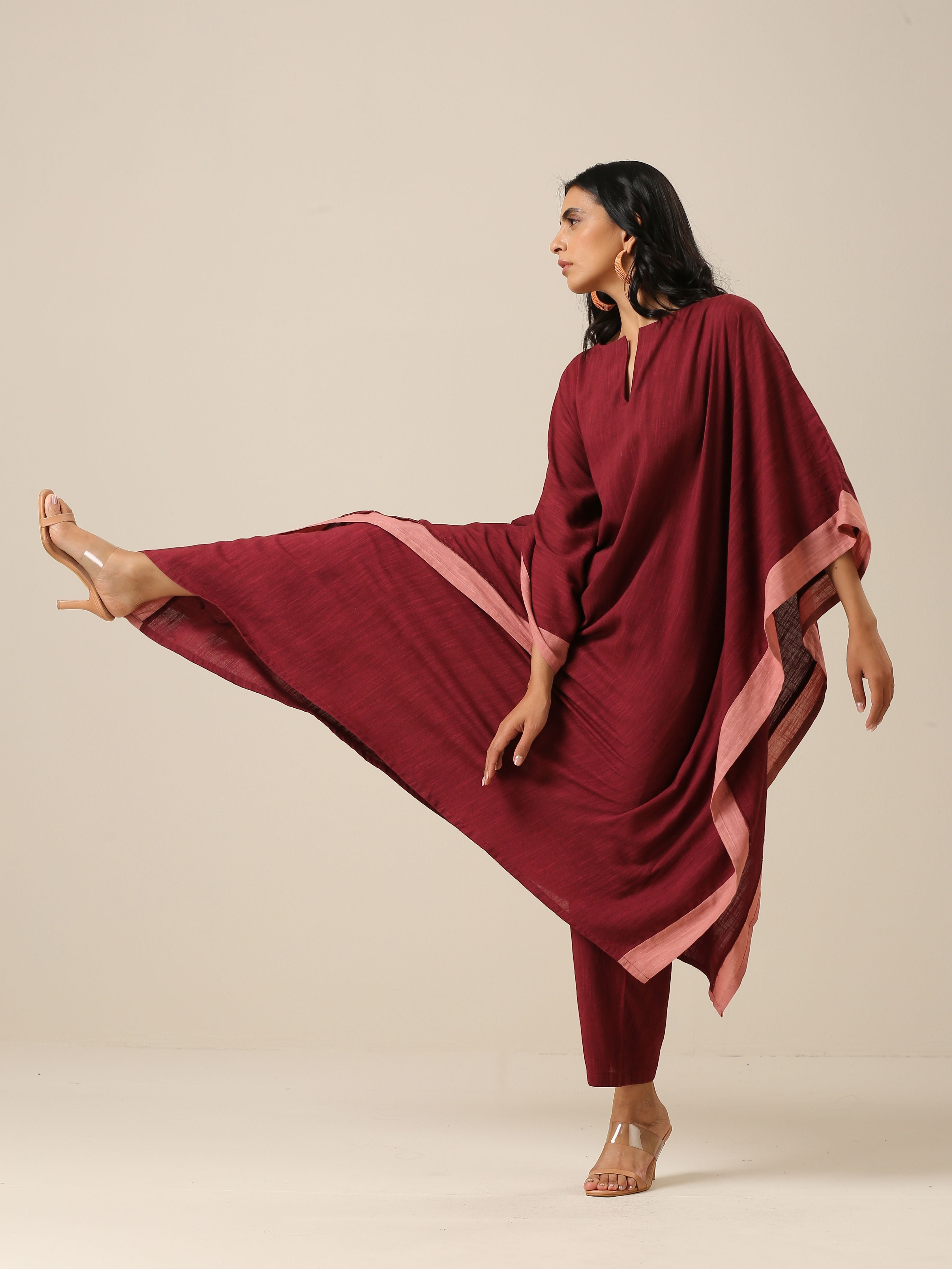 trueBrowns Ruby Wine Slub Texture High Low Kaftan Pant Set - Distacart