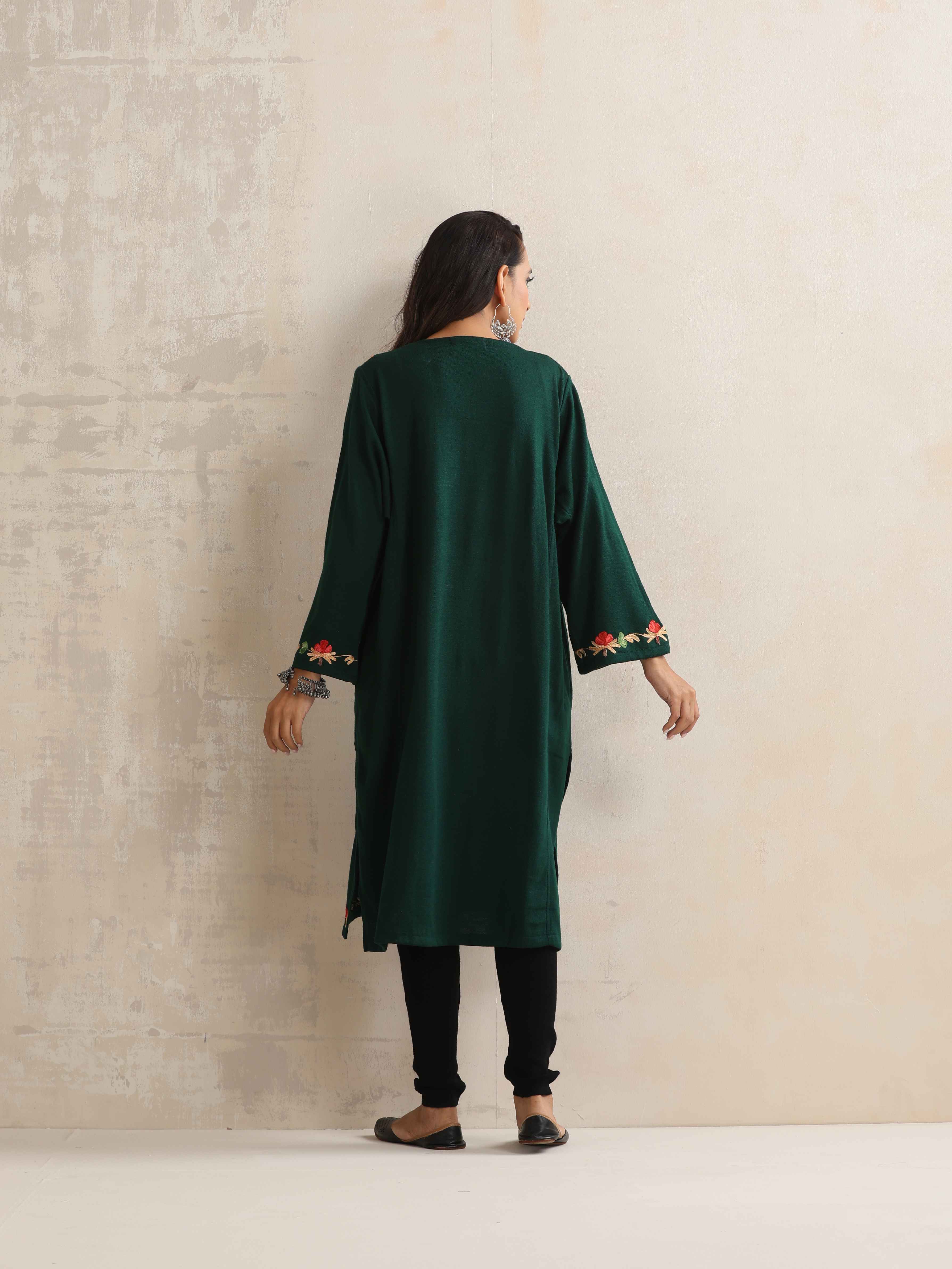 trueBrowns Green Kashmiri Floral Embroidered Woollen Phiran Kurta - Distacart