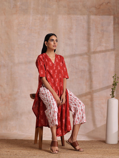 trueBrowns Red On Red Ikat Print Cotton Kurta Pant Set - Distacart
