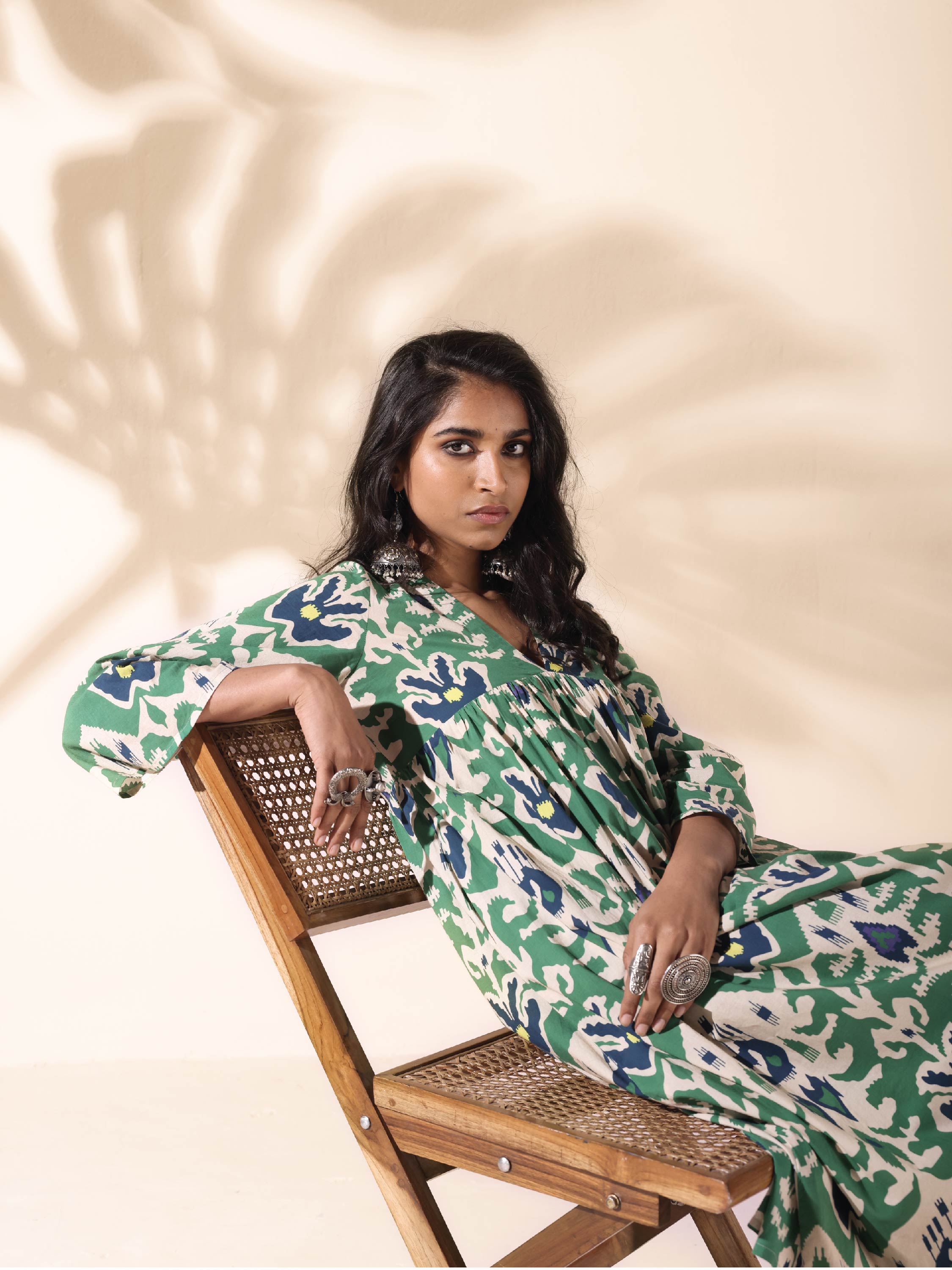 trueBrowns Green Cotton Ikat Flared Kurta Pant Set - Distacart