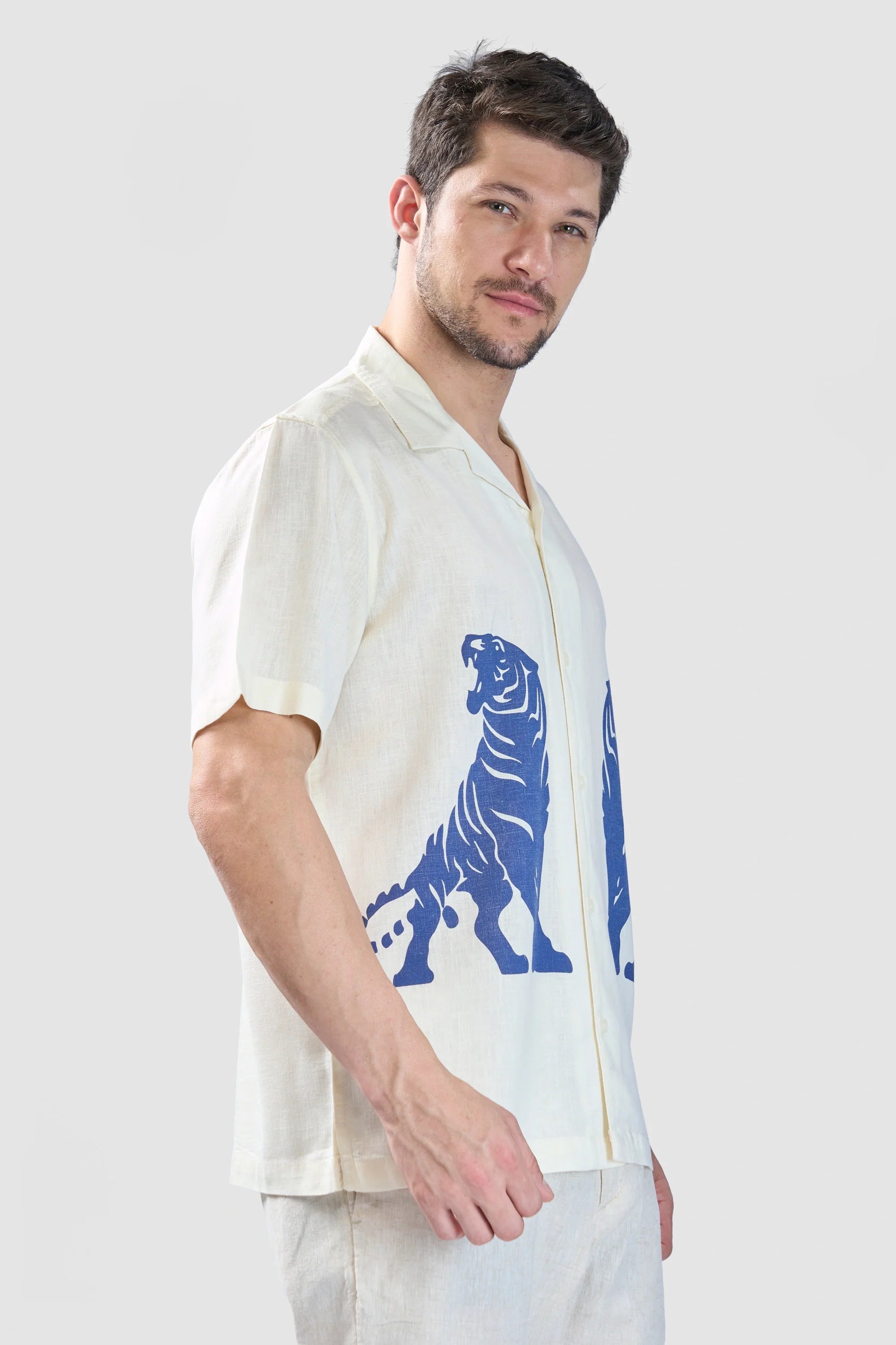 Xkind Tiger Printed Natural Linen Relaxed Fit Shirt