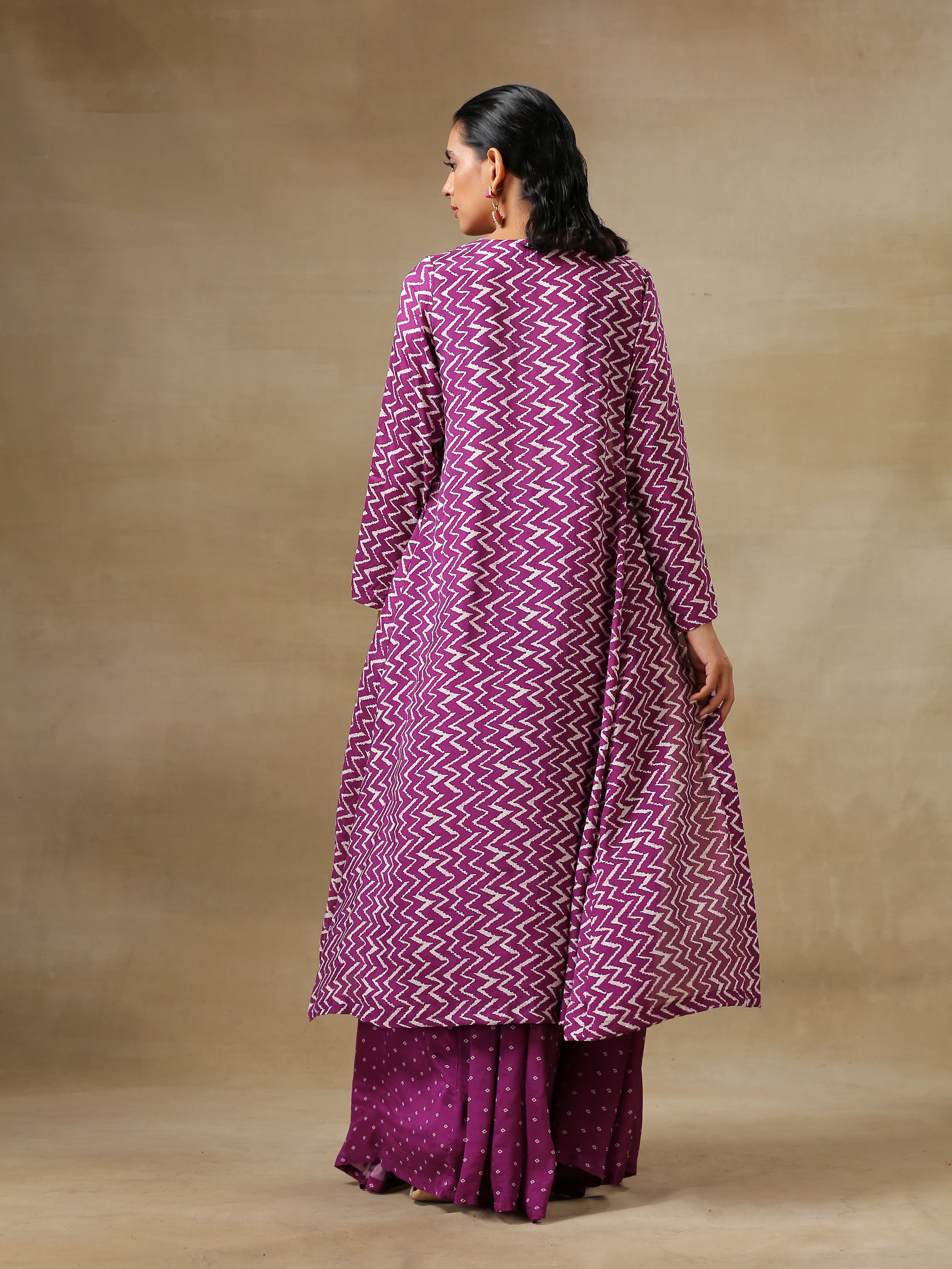 trueBrowns Purple Bandhani Printed Silk Top Skirt Jacket Set - Distacart