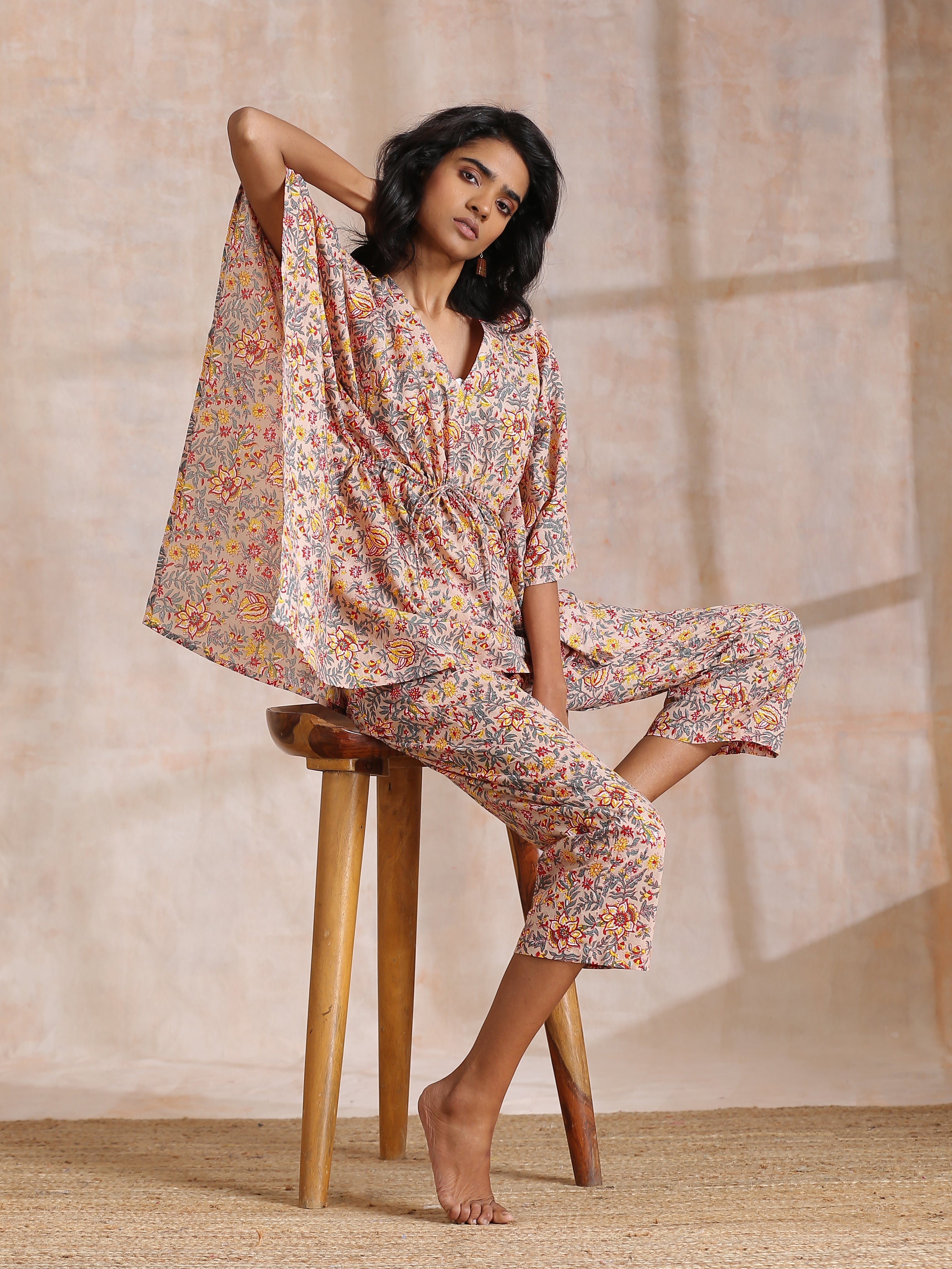 trueBrowns Multicolor Beige Overall Floral Block Print Cotton Kaftan Co-Ord Set - Distacart