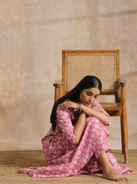 Thumbnail for trueBrowns Pink Overall Floral Block Print Cotton Flared Kurta Pant Set - Distacart