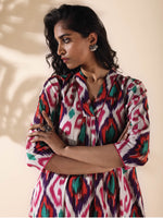 Thumbnail for trueBrowns Pink Cotton Ikat Flared Kurta Pant Set - Distacart