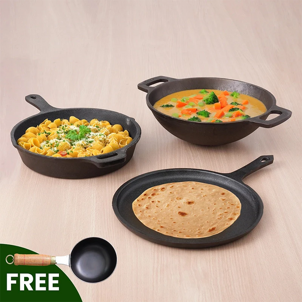 The Indus Valley CASTrong Cast Iron Cookware Set: Tadka Pan + Cast Iron Tawa With Handle (Pre Seasoned) + Cast Iron Kadai Wok Model + Cast Iron Fry Pan, Kitchen set for Home, 100% Pure, Toxin-free