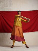 Thumbnail for trueBrowns Gold Orange Silk A-line Kurta Set - Distacart
