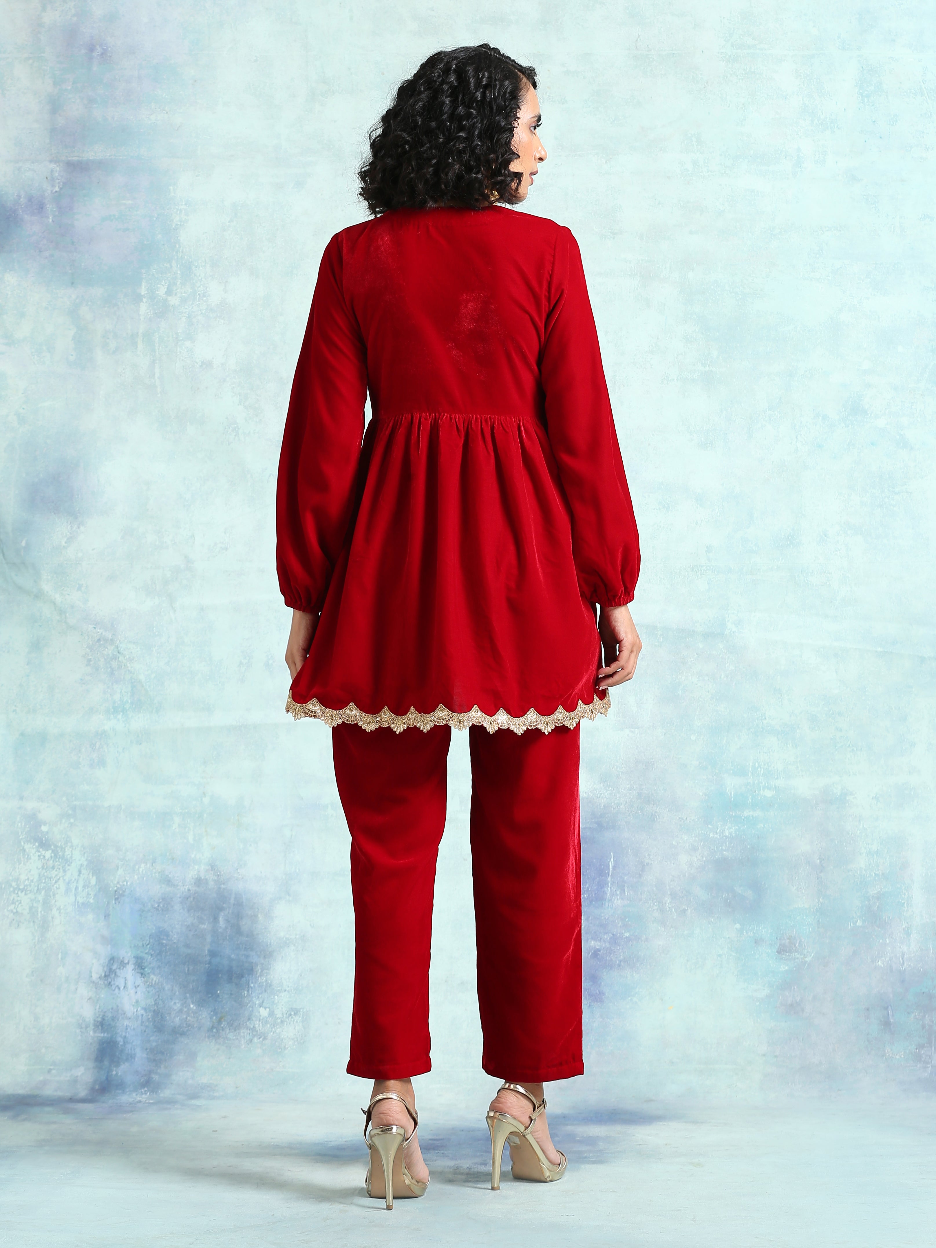 trueBrowns True Red Velvet Lace Co-Ord Set - Distacart