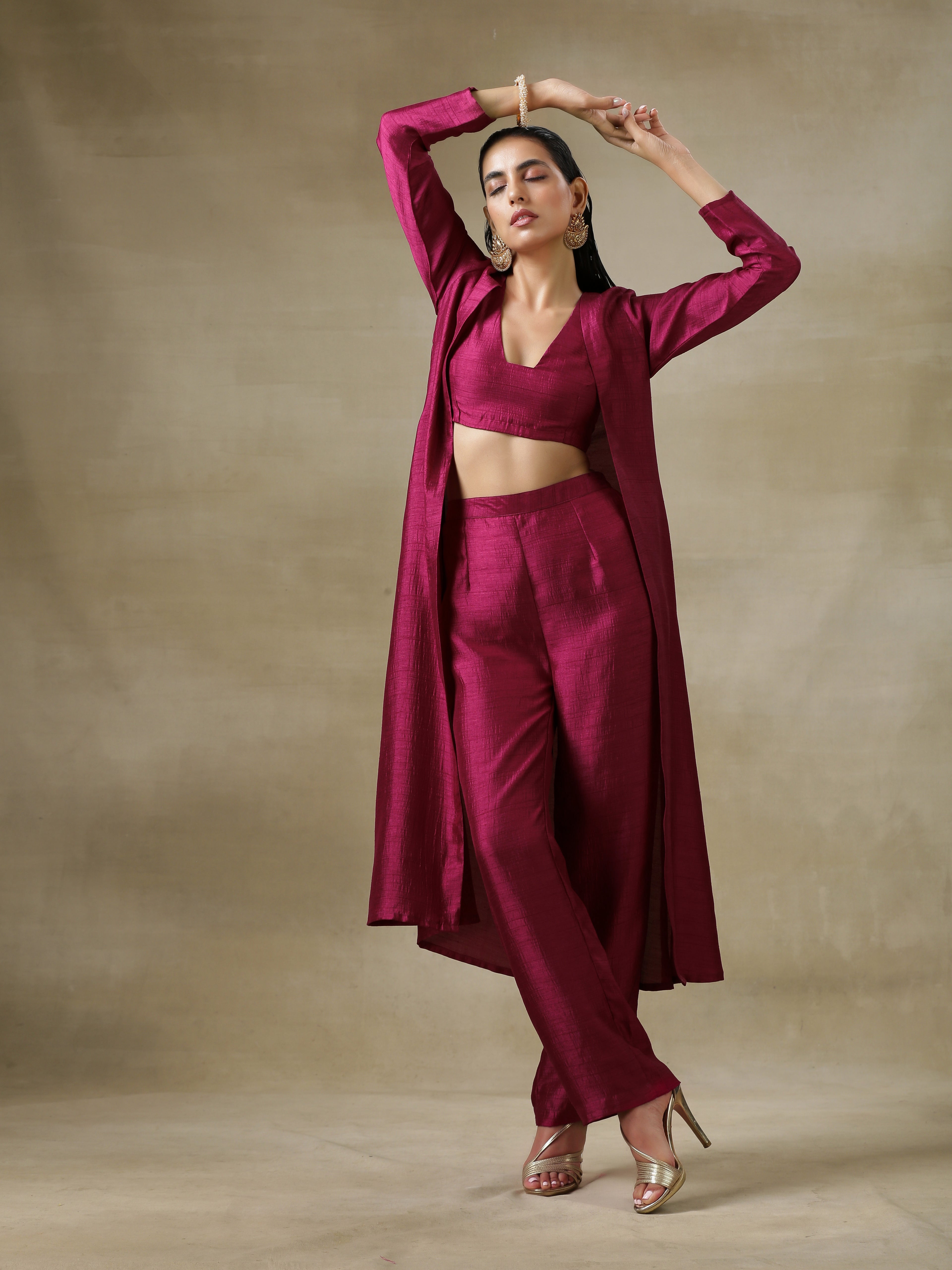trueBrowns Purple Textured Silk Overlay Jacket Blouse Pant Set | Relove