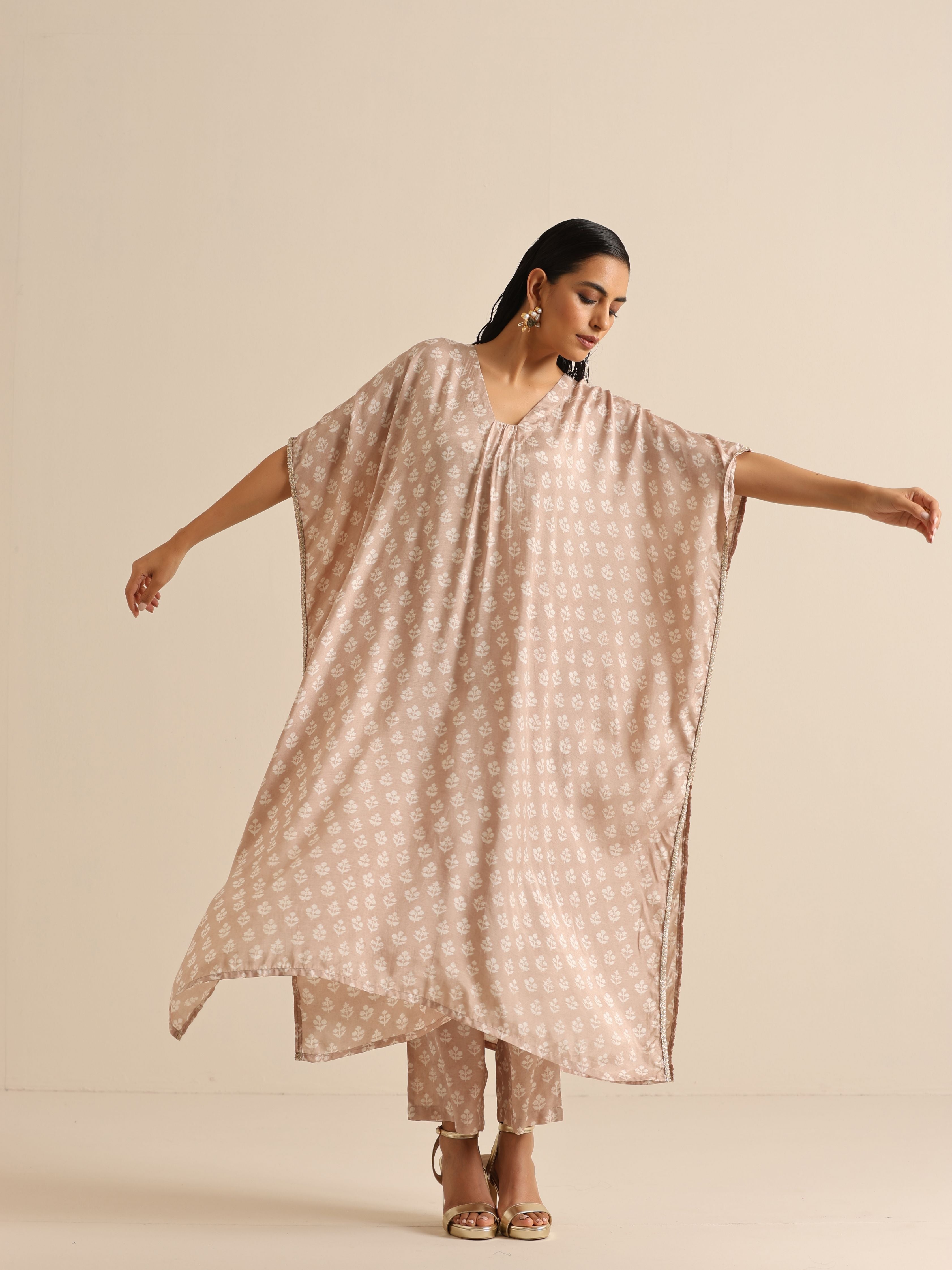 trueBrowns Beige White Floral Silk Print Kaftan Pant Set - Distacart