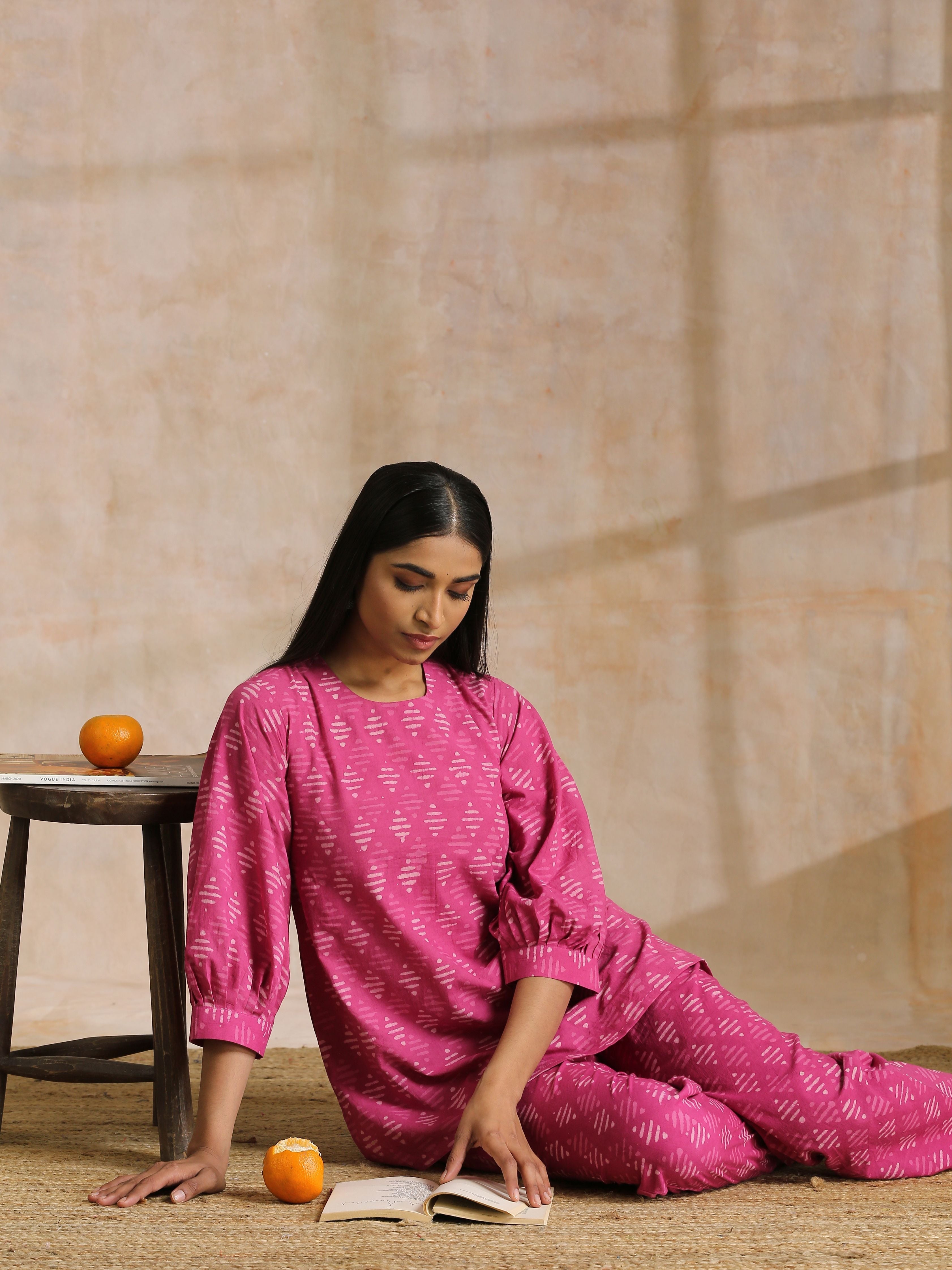 trueBrowns Pink Dabu Print Cotton Baggy Sleeve Co-Ord Set - Distacart