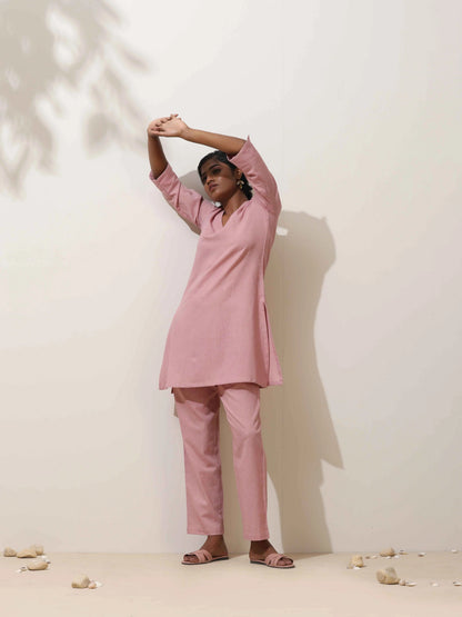trueBrowns Pink Cotton Linen Kurta Co-Ord Set - Distacart