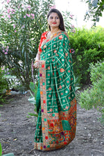 Thumbnail for Lorenvalley Fashion Premium Green Dola Silk Embroidery and Diamond work with Jacquard Lace Border Saree - Distacart