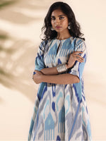 Thumbnail for trueBrowns Blue Cotton Ikat Flared Kurta Pant Set - Distacart